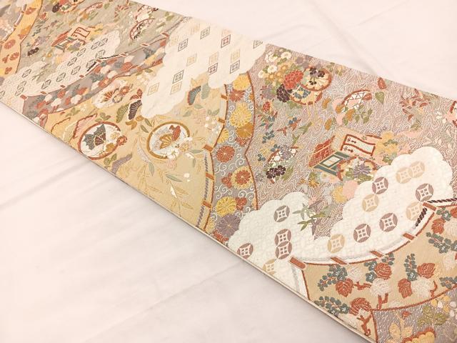 平和屋着物◎六通柄袋帯　唐子　雲取り有職花文　金銀糸　正絹　逸品　BAAX1828hv