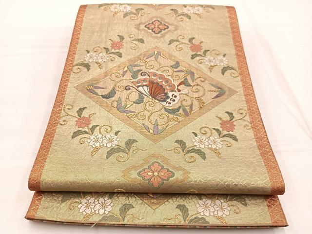 平和屋着物◎六通柄袋帯　唐織　ふくれ織　花蝶唐草菱文　金糸　正絹　逸品　BAAX1830hv