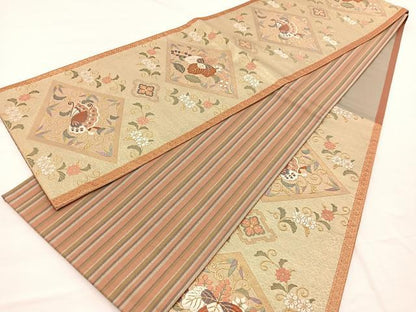 平和屋着物◎六通柄袋帯　唐織　ふくれ織　花蝶唐草菱文　金糸　正絹　逸品　BAAX1830hv