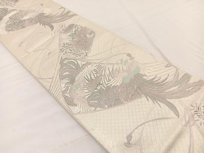 平和屋着物◎六通柄袋帯　雅扇花鳥文　プラチナ二重箔　正絹　逸品　BAAX1834hv