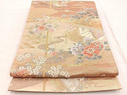 平和屋着物◎六通柄袋帯　唐織　嵯峨春秋花文　金糸　正絹　逸品　BAAX1835hv