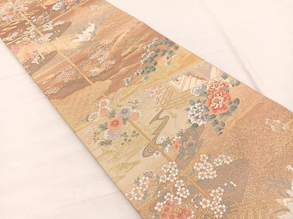 平和屋着物◎六通柄袋帯　唐織　嵯峨春秋花文　金糸　正絹　逸品　BAAX1835hv