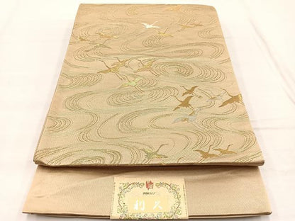 平和屋着物◎西陣　吉村織物謹製　六通柄袋帯　利休　流水飛鶴文　金銀糸　証紙付き　正絹　逸品　未使用　BAAX1847hv