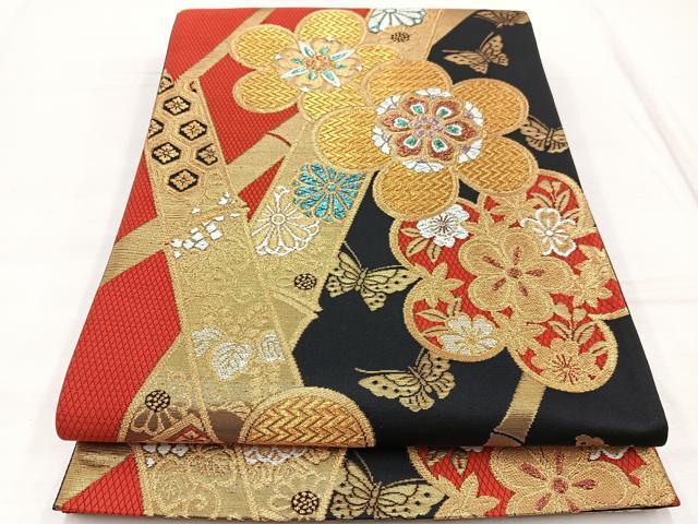 平和屋着物◎六通柄袋帯　花蝶竹文　黒地　金銀糸　正絹　逸品　BAAX1850hv
