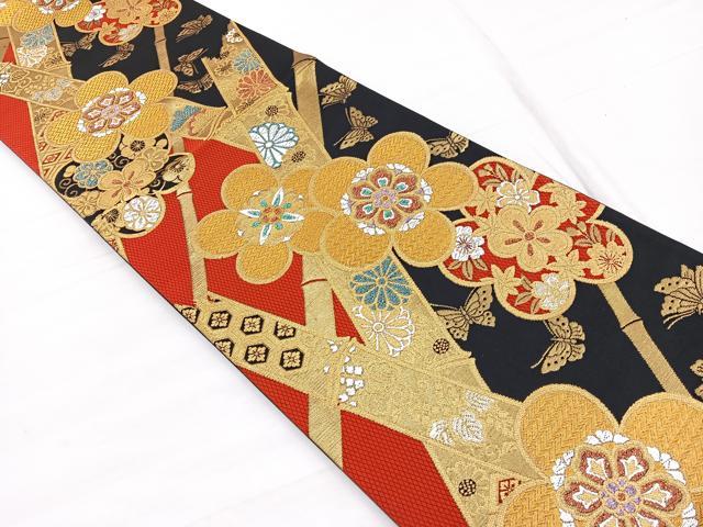 平和屋着物◎六通柄袋帯　花蝶竹文　黒地　金銀糸　正絹　逸品　BAAX1850hv