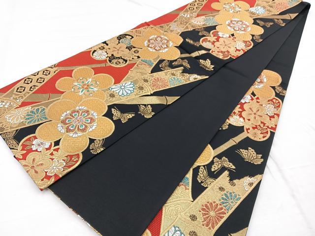 平和屋着物◎六通柄袋帯　花蝶竹文　黒地　金銀糸　正絹　逸品　BAAX1850hv