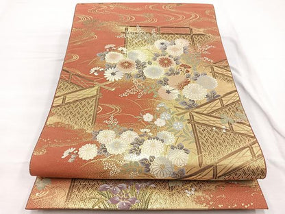 平和屋着物◎六通柄袋帯　織弓司　御所解四季花紋　金糸　正絹　逸品　BAAX1854hv