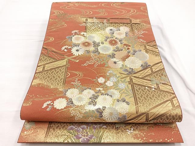 平和屋着物◎六通柄袋帯　織弓司　御所解四季花紋　金糸　正絹　逸品　BAAX1854hv