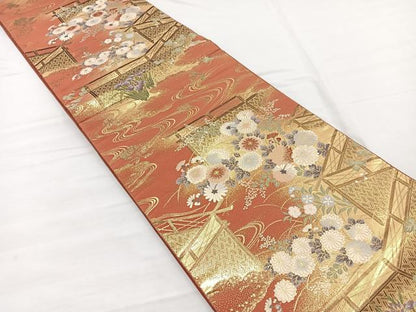 平和屋着物◎六通柄袋帯　織弓司　御所解四季花紋　金糸　正絹　逸品　BAAX1854hv