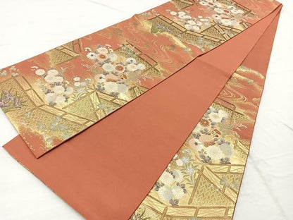 平和屋着物◎六通柄袋帯　織弓司　御所解四季花紋　金糸　正絹　逸品　BAAX1854hv