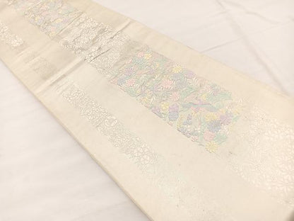 平和屋着物◎六通柄袋帯　唐織　飛鶴花文　銀糸　正絹　逸品　BAAX1863hv