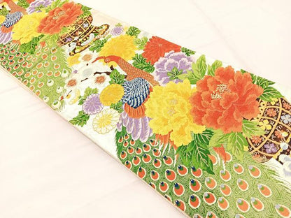 平和屋着物◎六通柄袋帯　唐織　孔雀花籠文　金銀糸　正絹　逸品　BAAX1895hv