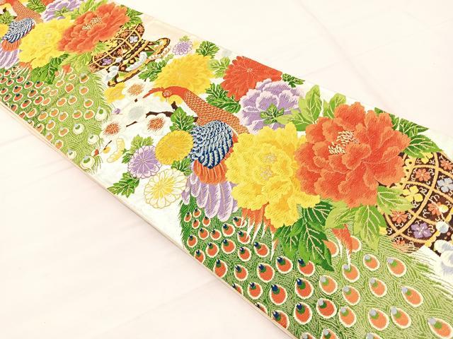 平和屋着物◎六通柄袋帯　唐織　孔雀花籠文　金銀糸　正絹　逸品　BAAX1895hv
