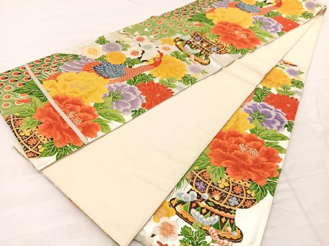 平和屋着物◎六通柄袋帯　唐織　孔雀花籠文　金銀糸　正絹　逸品　BAAX1895hv