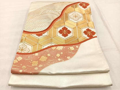 平和屋着物◎西陣　太鼓柄袋帯　駒刺繍　立波亀甲花文　金彩　証紙付き　正絹　逸品　BAAX1908hv