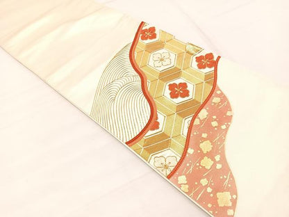 平和屋着物◎西陣　太鼓柄袋帯　駒刺繍　立波亀甲花文　金彩　証紙付き　正絹　逸品　BAAX1908hv