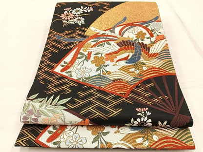 平和屋着物◎六通柄袋帯　唐織　鳳凰扇面花文　黒地　金糸　正絹　逸品　BAAX1910hv