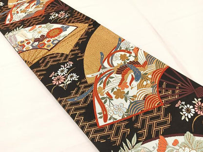 平和屋着物◎六通柄袋帯　唐織　鳳凰扇面花文　黒地　金糸　正絹　逸品　BAAX1910hv