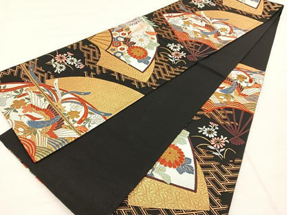 平和屋着物◎六通柄袋帯　唐織　鳳凰扇面花文　黒地　金糸　正絹　逸品　BAAX1910hv