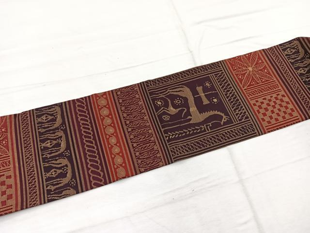 平和屋着物◎九寸名古屋帯　動物文様　金糸　正絹　逸品　BAAX1929hv