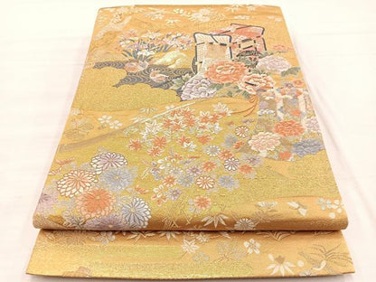 平和屋着物◎六通柄袋帯 唐織 御所車花絵巻文 金銀糸 正絹 逸品 BAAX1941hv