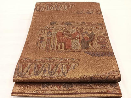 平和屋着物◎六通柄袋帯　ふくれ織　楽器人物文　金糸　正絹　逸品　BAAX1942hv