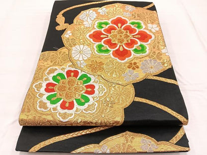 平和屋着物◎六通柄袋帯　唐織　鏡裏花文　黒地　金銀糸　正絹　逸品　BAAX1958hv