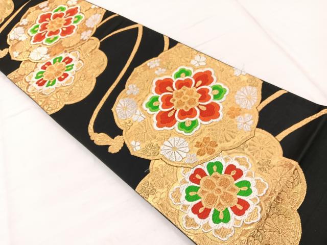 平和屋着物◎六通柄袋帯　唐織　鏡裏花文　黒地　金銀糸　正絹　逸品　BAAX1958hv
