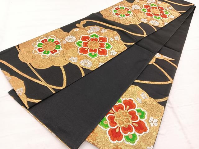 平和屋着物◎六通柄袋帯　唐織　鏡裏花文　黒地　金銀糸　正絹　逸品　BAAX1958hv