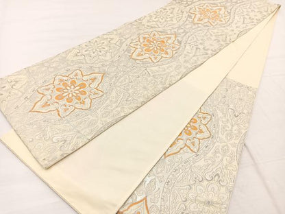 平和屋着物◎六通柄袋帯 唐織 立涌花文 銀糸 正絹 逸品 BAAX1960hv