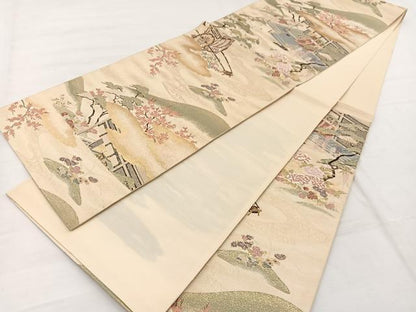 平和屋着物◎六通柄袋帯　蜀紅錦　宮中風景文　金糸　正絹　逸品　BAAX1963hv