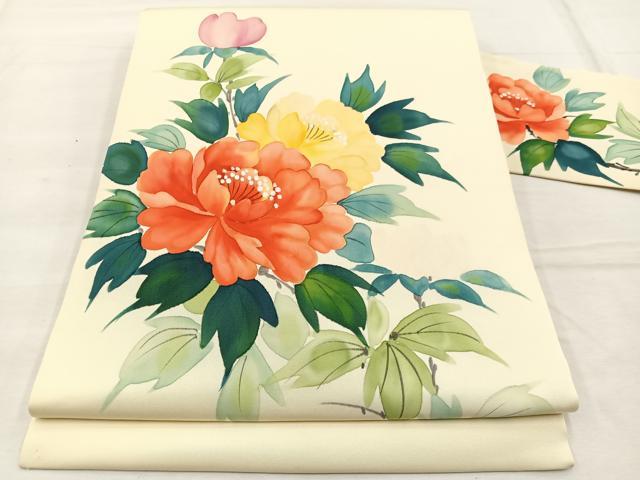 平和屋着物◎塩瀬 九寸名古屋帯 手描き 牡丹 正絹 逸品 BAAX1974hv