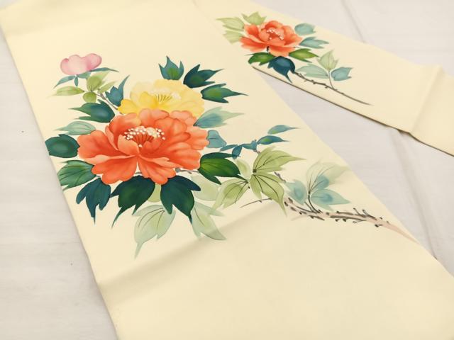 平和屋着物◎塩瀬 九寸名古屋帯 手描き 牡丹 正絹 逸品 BAAX1974hv