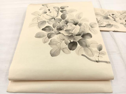 平和屋着物◎塩瀬　九寸名古屋帯　手描き　牡丹　正絹　逸品　BAAX1980hv