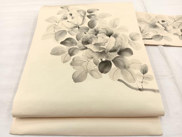 平和屋着物◎塩瀬　九寸名古屋帯　手描き　牡丹　正絹　逸品　BAAX1980hv