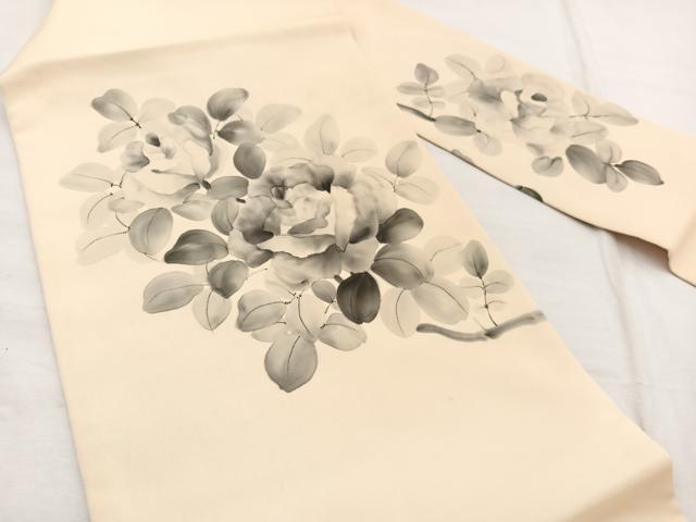 平和屋着物◎塩瀬　九寸名古屋帯　手描き　牡丹　正絹　逸品　BAAX1980hv