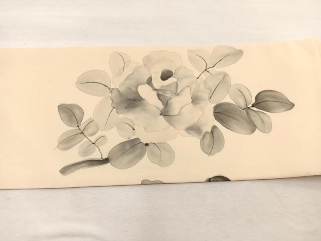 平和屋着物◎塩瀬　九寸名古屋帯　手描き　牡丹　正絹　逸品　BAAX1980hv