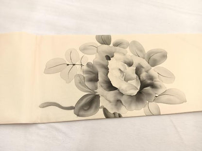 平和屋着物◎塩瀬　九寸名古屋帯　手描き　牡丹　正絹　逸品　BAAX1980hv