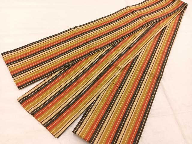 平和屋着物◎両面 半幅帯 紬地 縞 正絹 逸品 未使用 BAAX1982hv