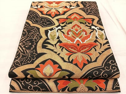 平和屋着物◎六通柄 本袋帯 唐織 更紗飾花文 黒地 金糸 正絹 逸品 BAAX2001hv