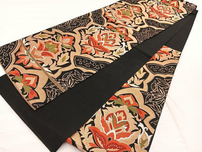平和屋着物◎六通柄 本袋帯 唐織 更紗飾花文 黒地 金糸 正絹 逸品 BAAX2001hv