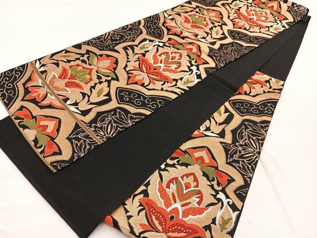 平和屋着物◎六通柄 本袋帯 唐織 更紗飾花文 黒地 金糸 正絹 逸品 BAAX2001hv