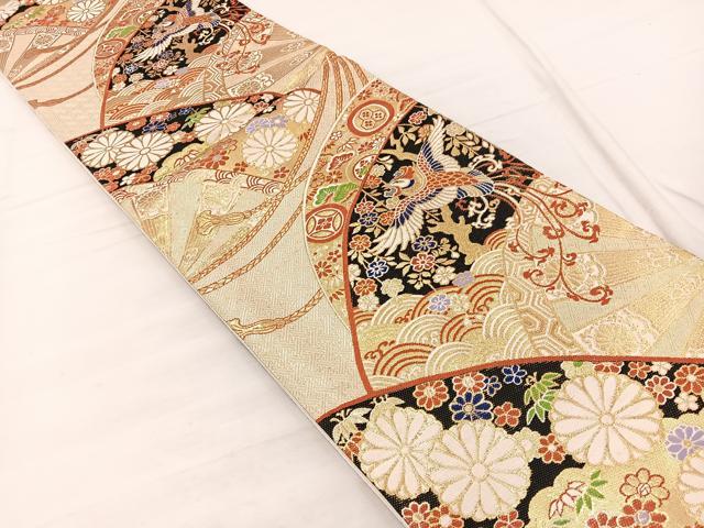 平和屋着物◎六通柄袋帯 唐織 鳳凰扇面花文 金糸 正絹 逸品 BAAX2009hv