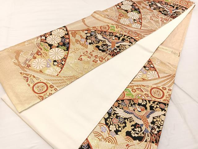 平和屋着物◎六通柄袋帯 唐織 鳳凰扇面花文 金糸 正絹 逸品 BAAX2009hv