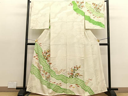 平和屋着物■訪問着　駒刺繍　絞り　草花文　金彩　正絹　逸品　BAAX2050hv