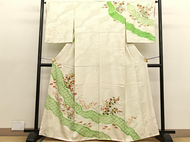 平和屋着物■訪問着　駒刺繍　絞り　草花文　金彩　正絹　逸品　BAAX2050hv