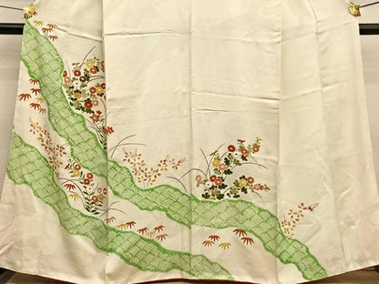 平和屋着物■訪問着　駒刺繍　絞り　草花文　金彩　正絹　逸品　BAAX2050hv