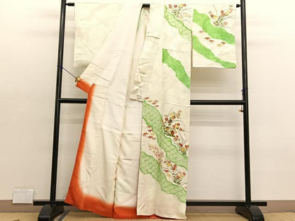 平和屋着物■訪問着　駒刺繍　絞り　草花文　金彩　正絹　逸品　BAAX2050hv