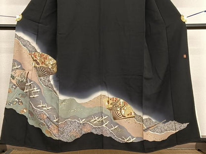 平和屋着物■豪華黒留袖 作家物 扇面飛鶴文 暈し染め 金銀彩 正絹 逸品 BAAX2057hv