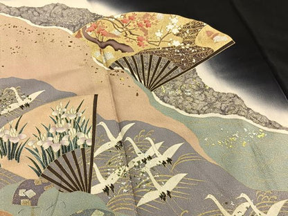 平和屋着物■豪華黒留袖 作家物 扇面飛鶴文 暈し染め 金銀彩 正絹 逸品 BAAX2057hv